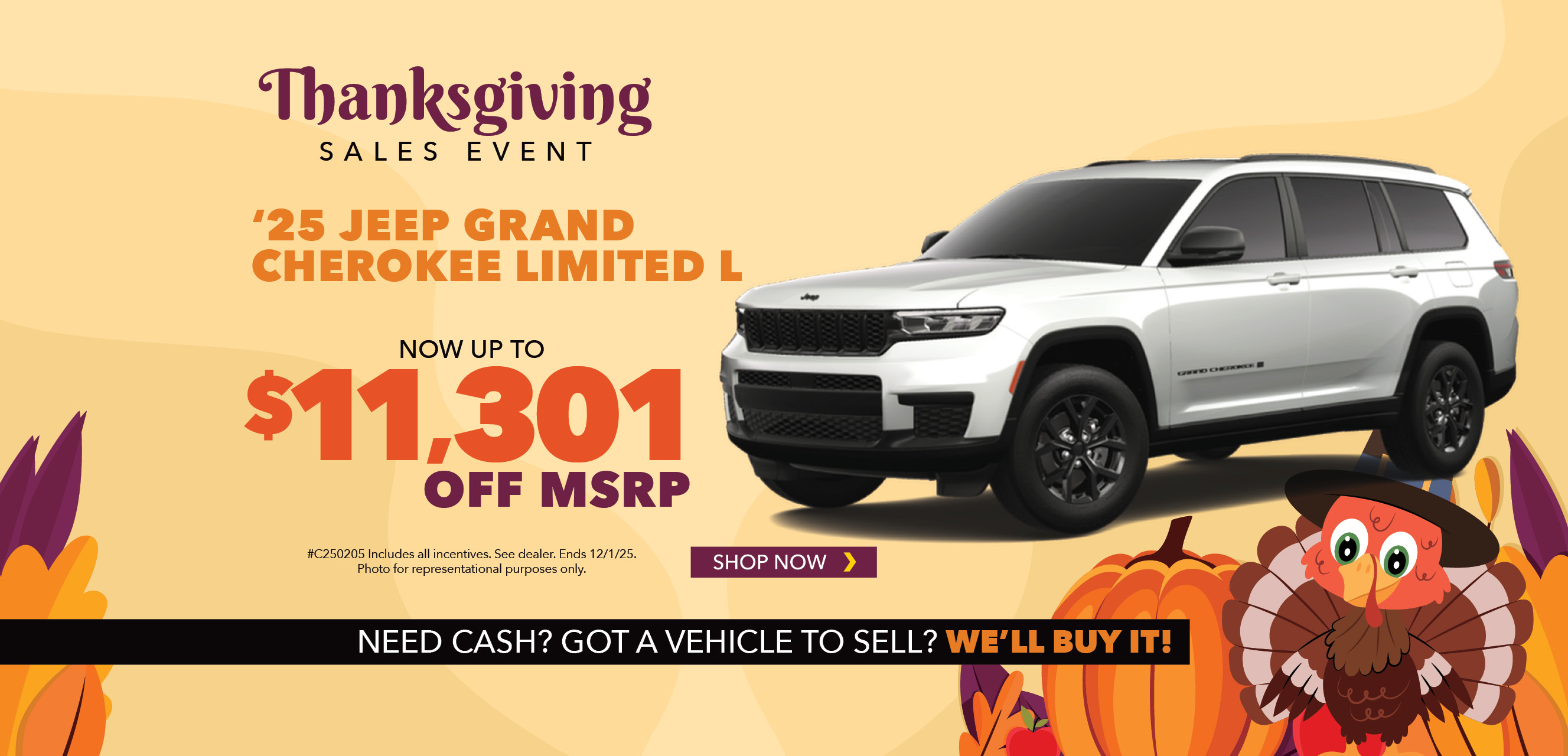White SUV with advertising slogans: Now up to $11,301 off MSRP on 2025 Jeep Grand Cherokee L Summit.